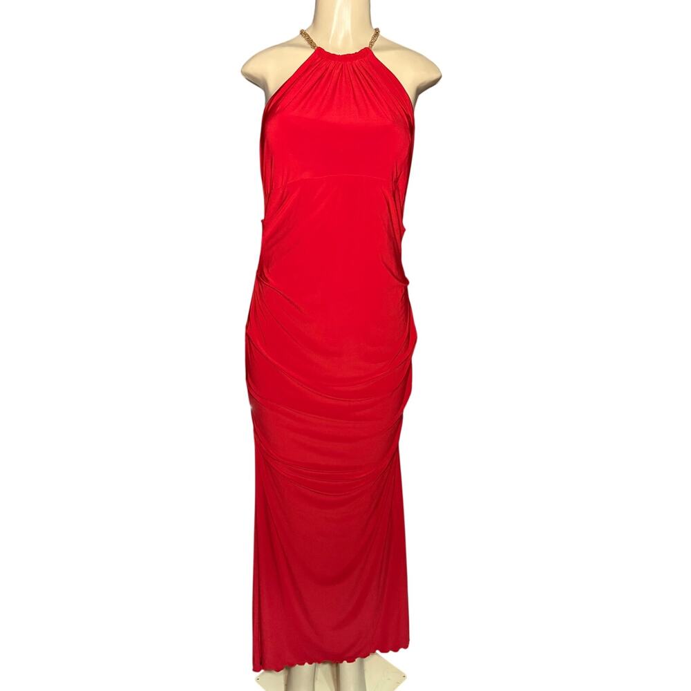 VTG Cache Red Halter Gold Strap Neck Dress Sz 14